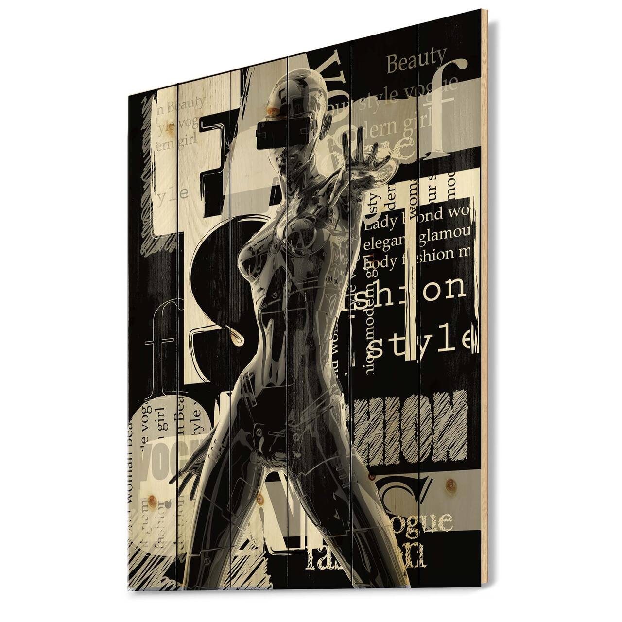 Designart - Monochrome Cyborg Body II - Modern Print on Natural Pine Wood